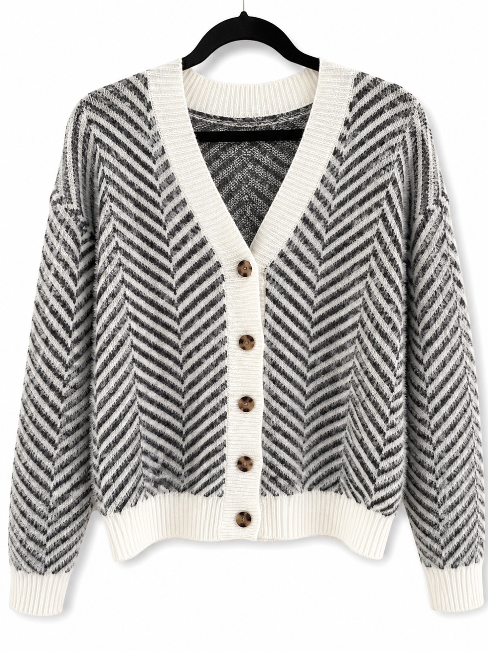 Women’s Cream Navy Chevron Knit Button Front Cardigan Sweater Size Small